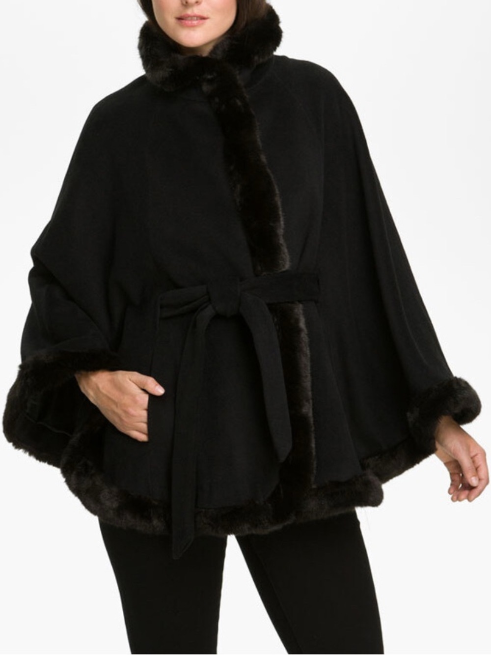 ELLEN TRACY Faux Fur Trimmed Wool Blend Cape Coat - Picture 16 of 16